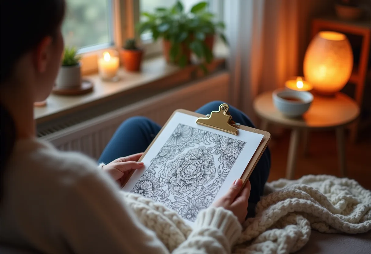 Gemütlicher Abend mit Malbuch auf dem Sofa
