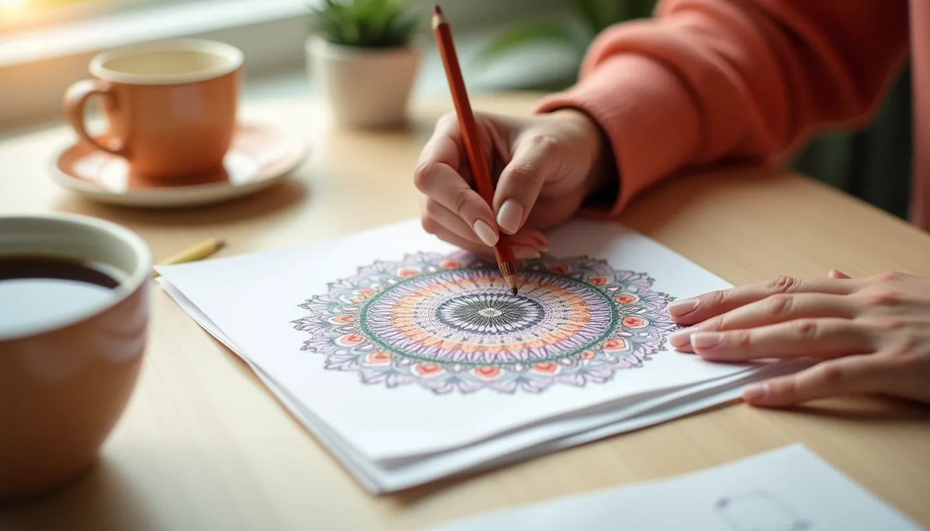 Hände malen ein Mandala in einem Malbuch aus