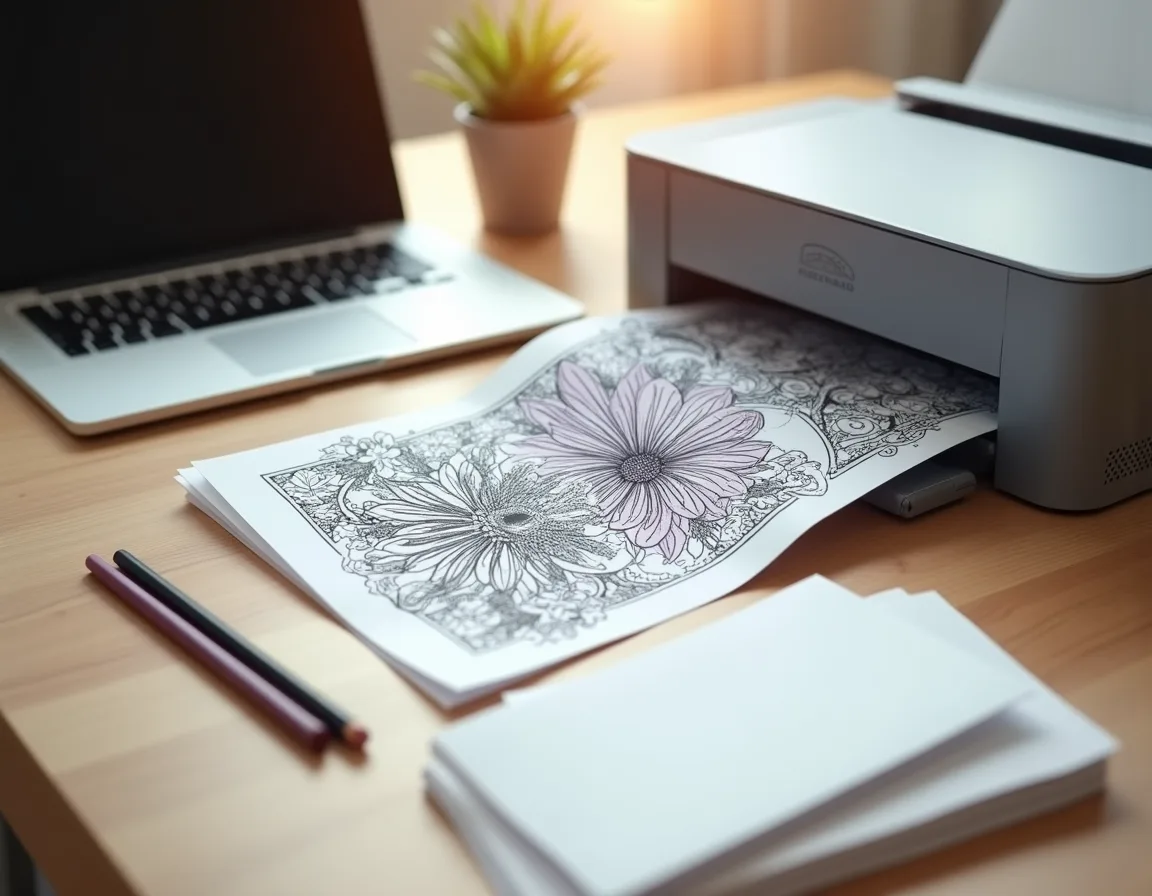 Frisch gedruckte Malbuchseite neben einem Drucker